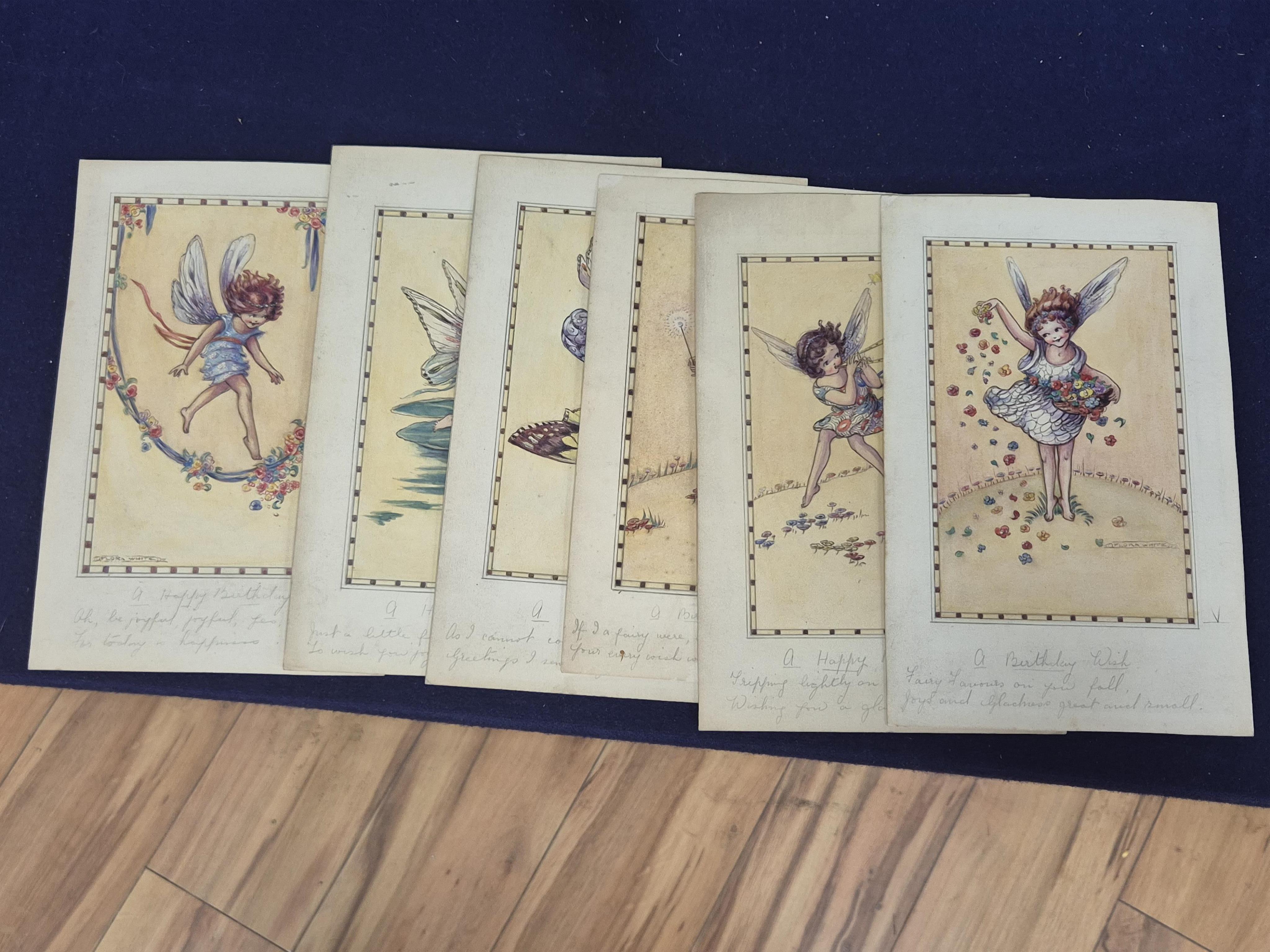 Flora White (Early 20th. C), Set of six original watercolours for children's birthday cards, Flower Fairies, each signed, inscribed in pencil, 23 x 14cm